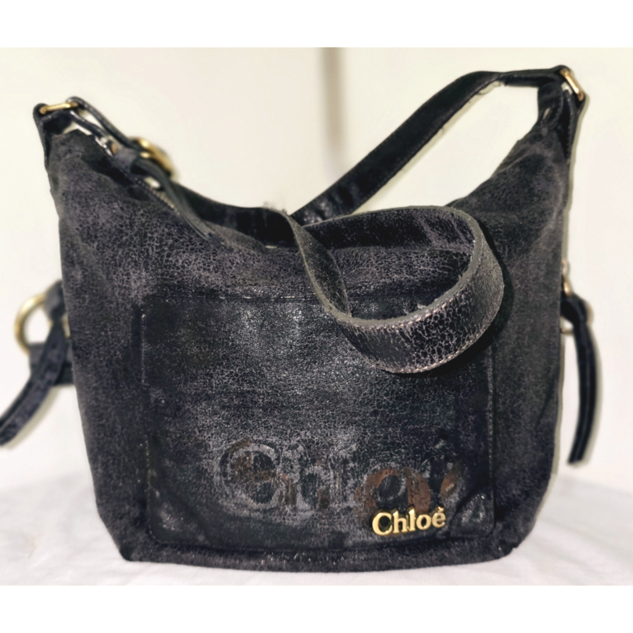 Chloe Rare Black Stone Washed Denim Signature Satchel Bag